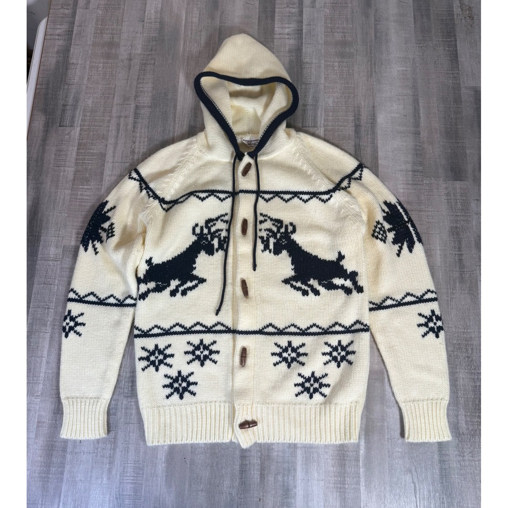 Vintage Landmark Reindeer Knit Hooded Cardigan Sweater Cream Navy Toggle Large